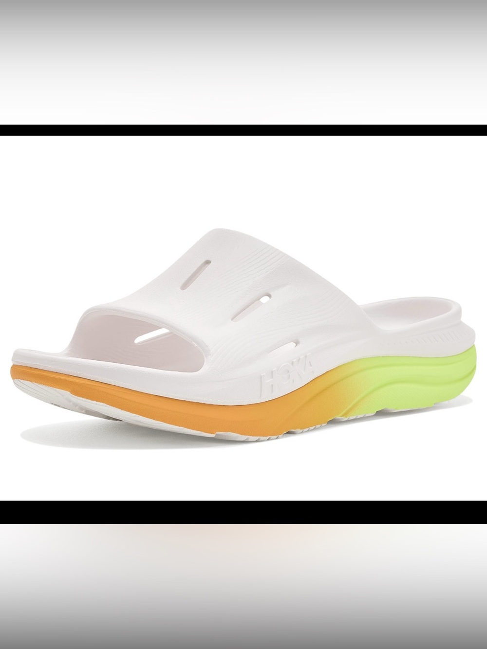 Hoka White Slide Sandal with Orange-to-Green Gradient Midsole